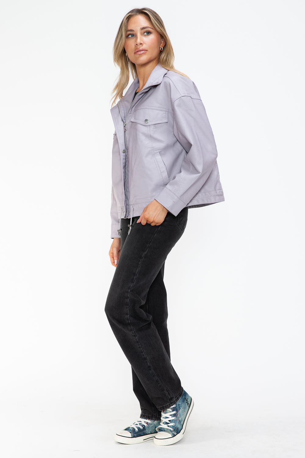 How Dare U Drawstring Hem PU Leather Zip Up Jacket 15455 | Gulf Resellers