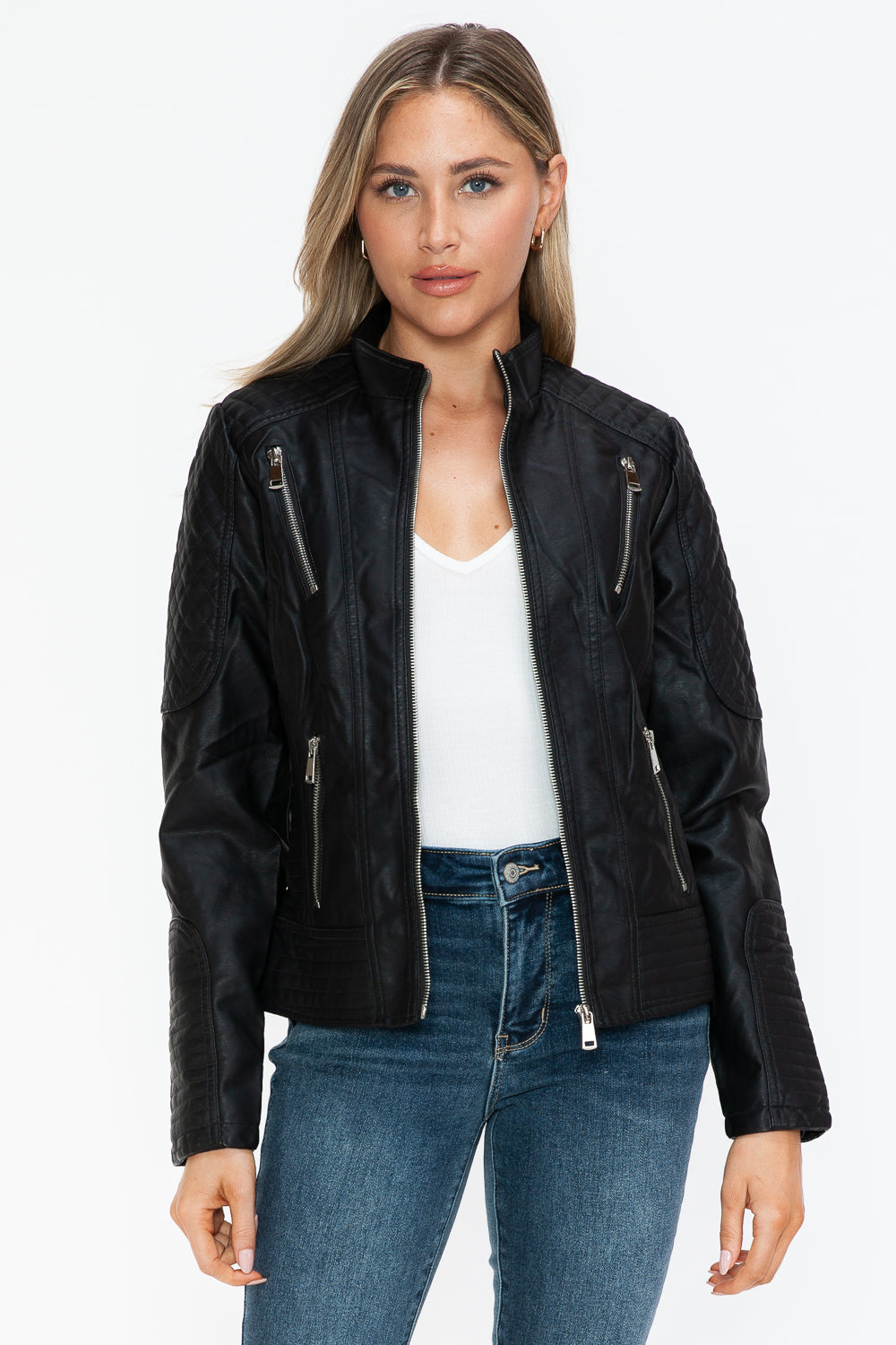 Snobbish Faux Leather Zip Up Mock Neck Jacket 16078 | Gulf Resellers