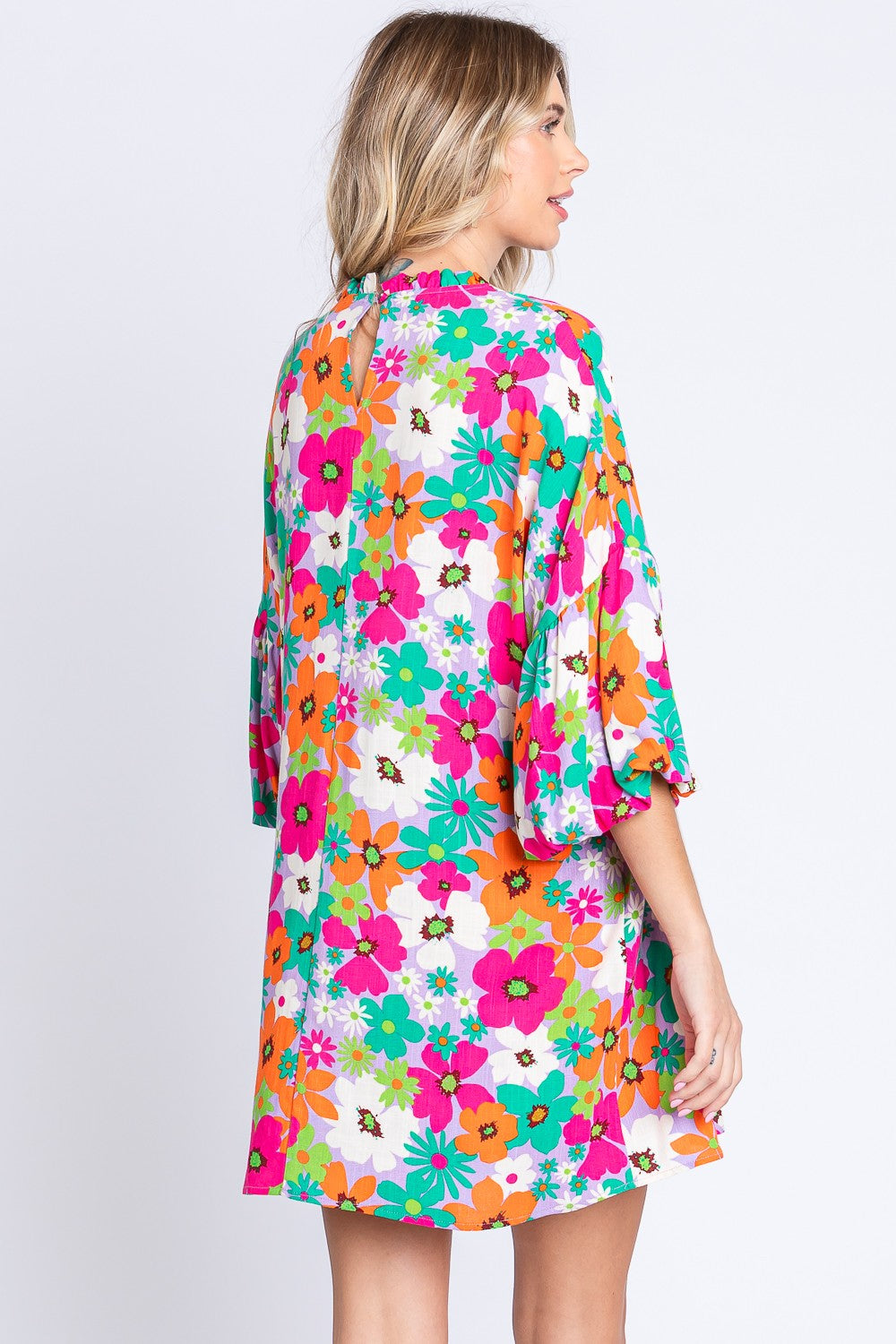 GeeGee Full Size Floral Round Neck Lantern Sleeve Mini Dress 5397 | Gulf Resellers