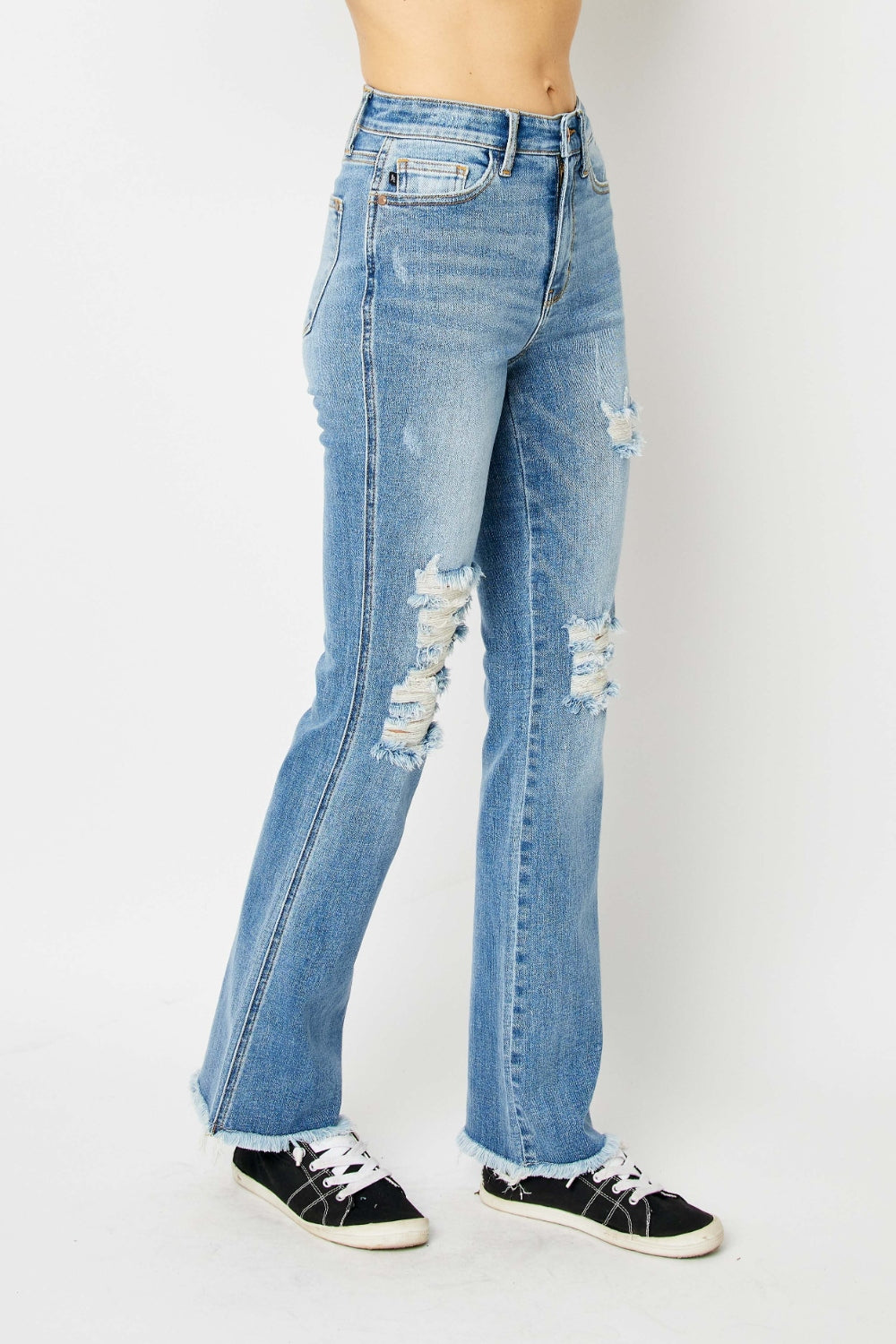 Judy Blue Full Size Distressed Raw Hem Bootcut Jeans 4841 | Gulf Resellers