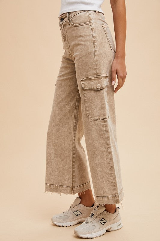 Annie Wear Raw Hem Wide Leg Jeans with Cargo Pockets 19921 | Gulf Resellers