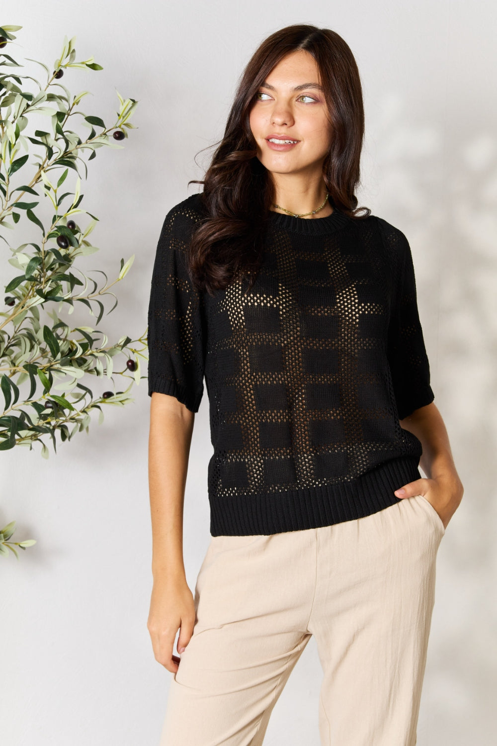 Double Take Ribbed Trim Round Neck Knit Top | Gulf Resellers
