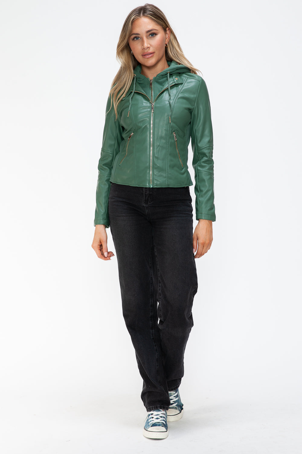 Snobbish Faux Leather Zip Up Drawstring Hooded Jacket 15860 | Gulf Resellers