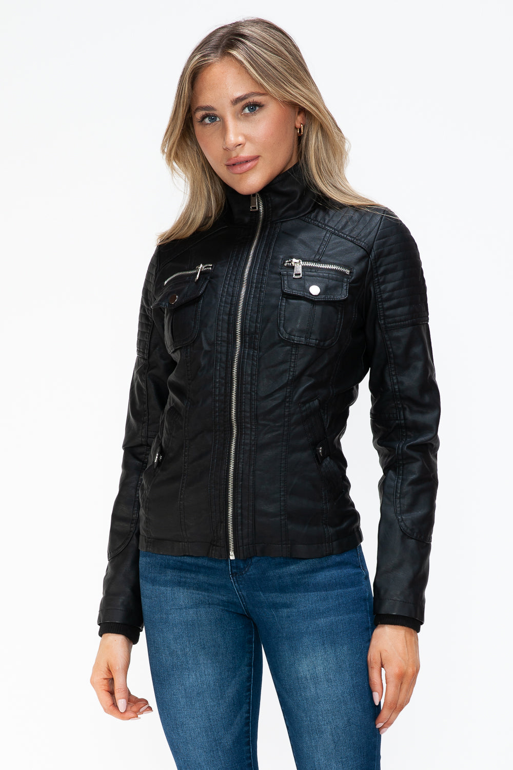 YMI Removable Faux Layered Multi-Pocket Jacket with Fuzzy Hood 15823 | Gulf Resellers