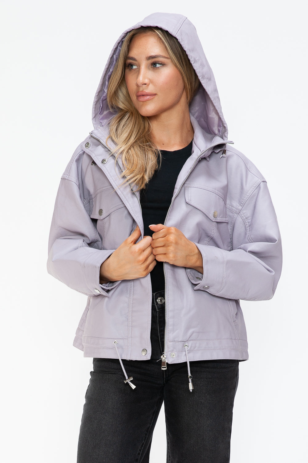 How Dare U Drawstring Hem PU Leather Zip Up Jacket 15451 | Gulf Resellers