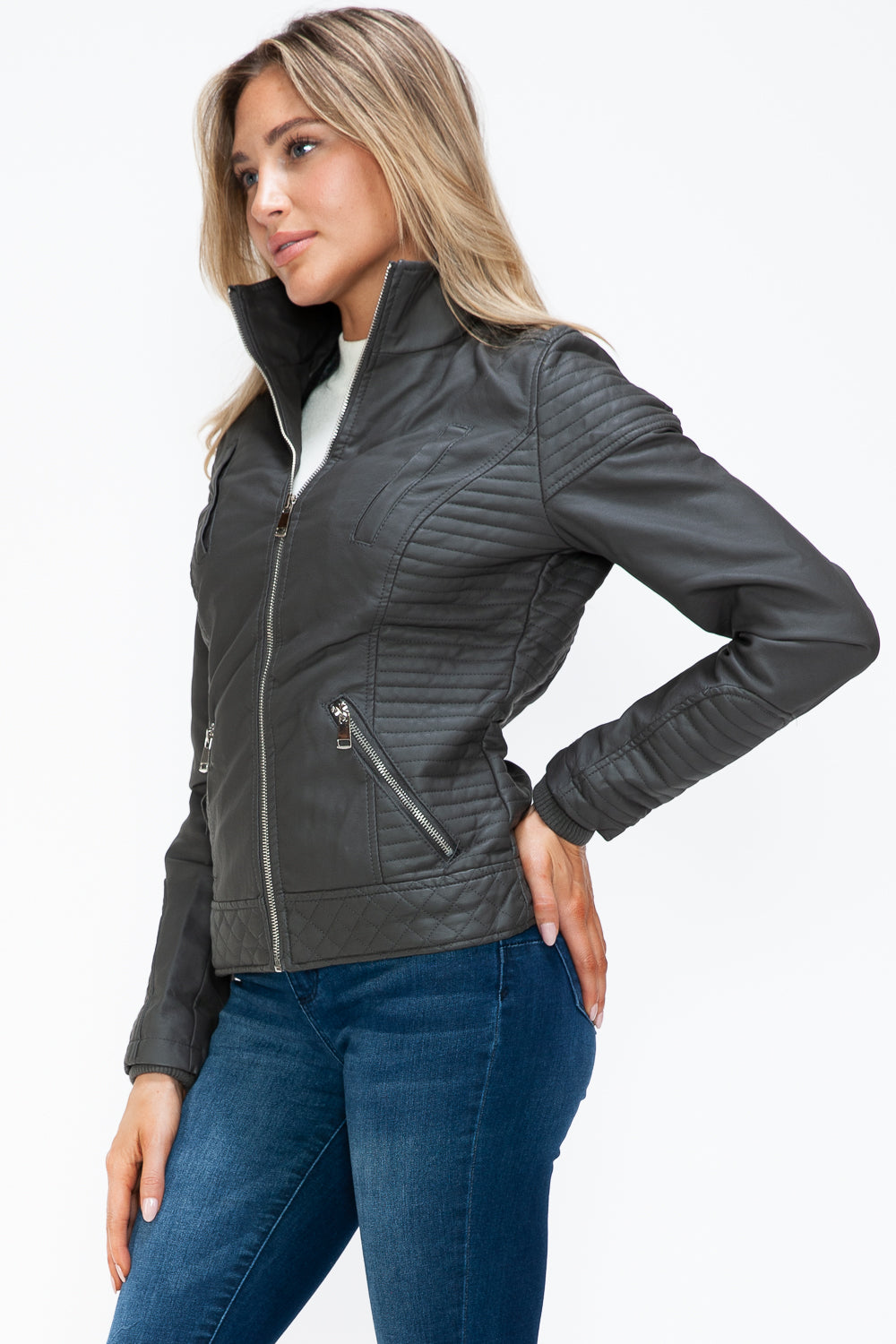 YMI Faux Layered Double-Zipper Jacket with Fuzzy Hood 15391 | Gulf Resellers