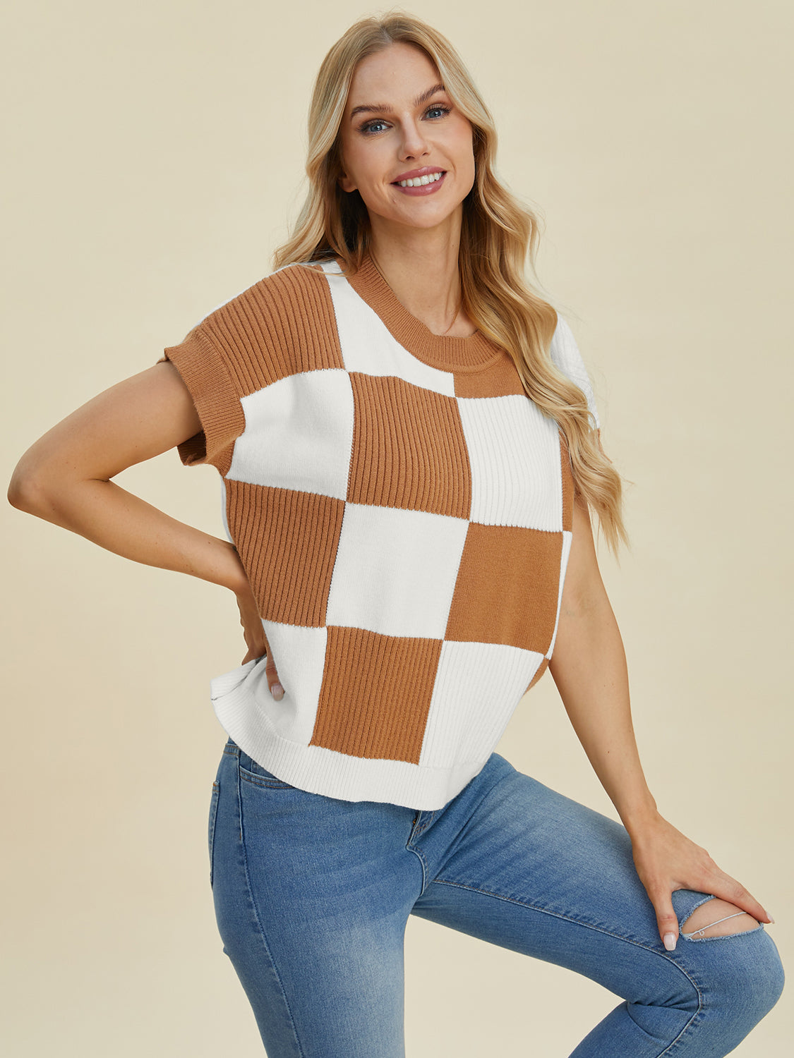 Double Take Full Size Checkered Round Neck Short Sleeve Sweater 8739 | Gulf Resellers