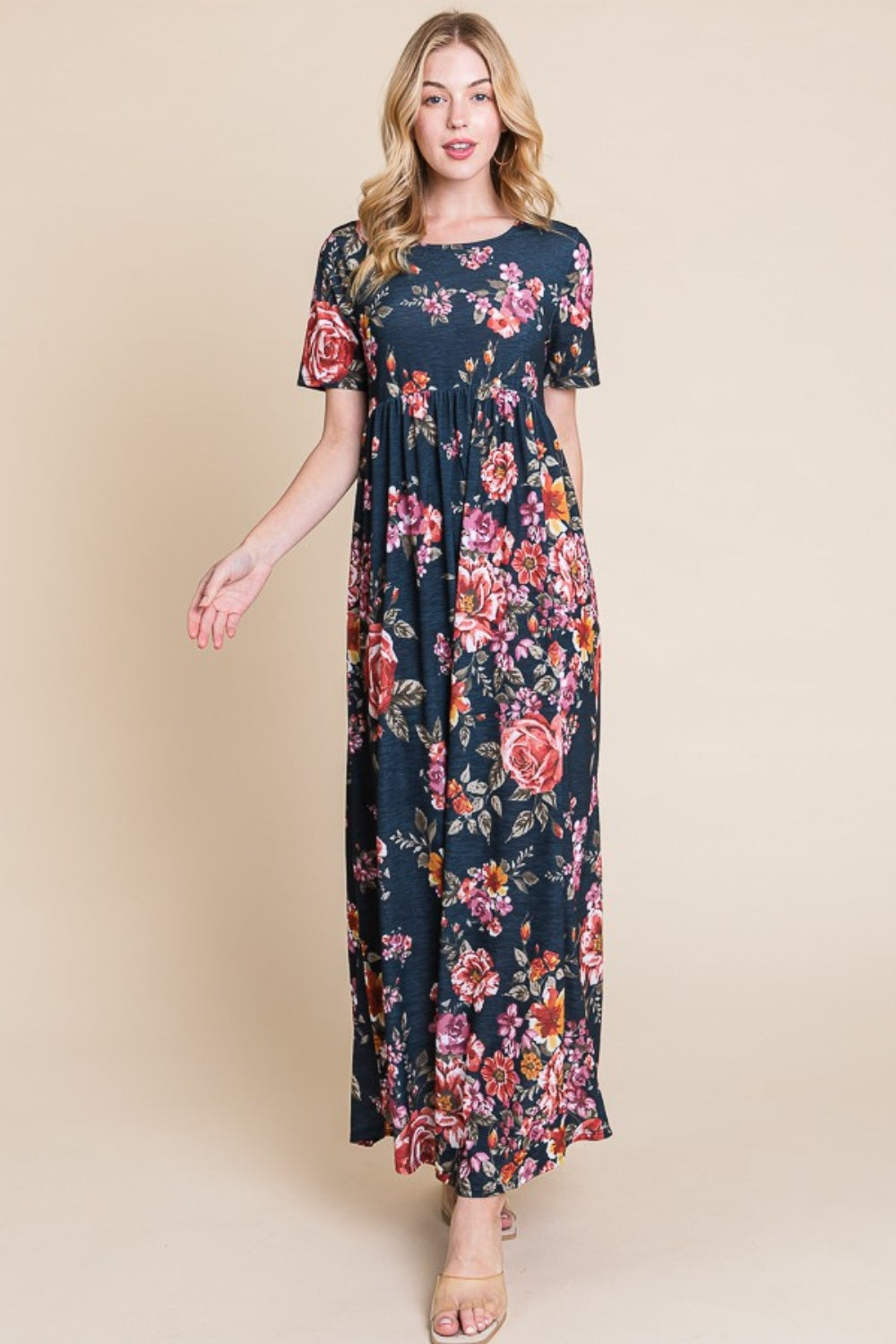 BOMBOM Floral Short Sleeve Maxi Dress 9646 | Gulf Resellers