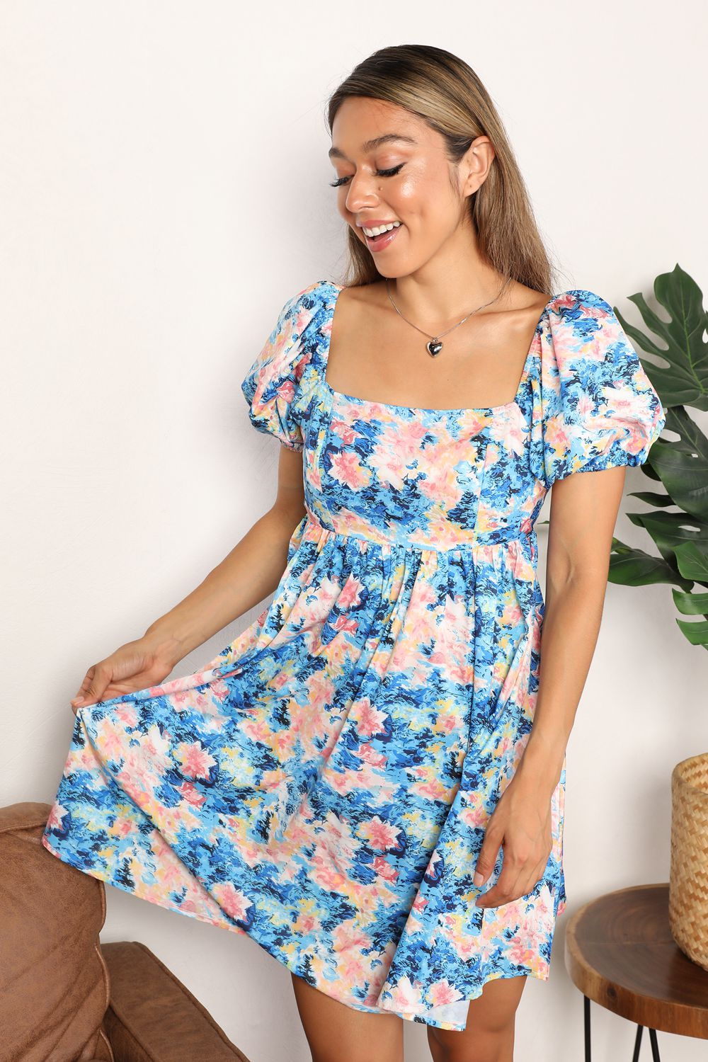 Double Take Floral Square Neck Puff Sleeve Dress | Gulf Resellers