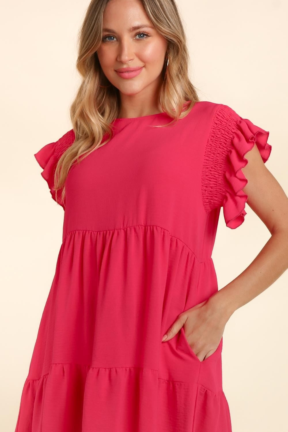 Haptics Full Size Smocking Ruffle Short Sleeve Dress with Pockets 6069 | Gulf Resellers