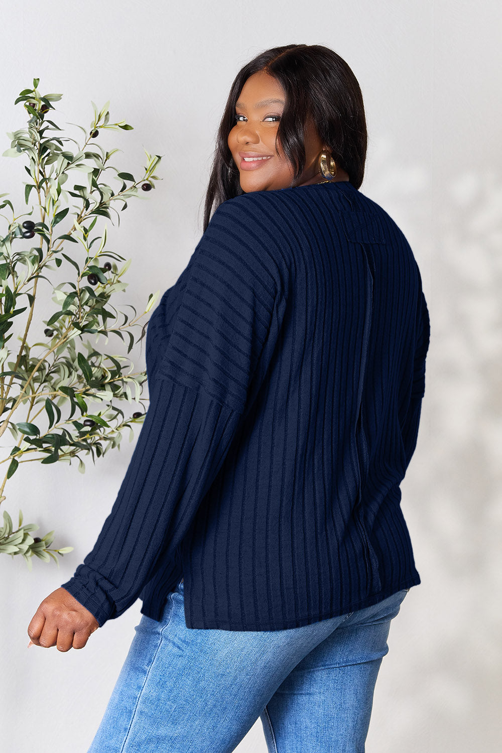 Basic Bae Full Size Ribbed Round Neck Slit Knit Top | Gulf Resellers