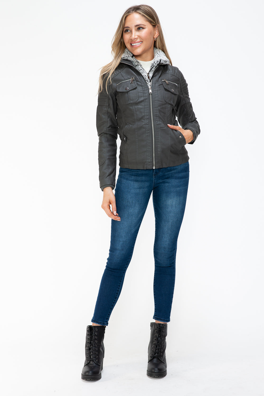 YMI Removable Faux Layered Multi-Pocket Jacket with Fuzzy Hood 15259 | Gulf Resellers