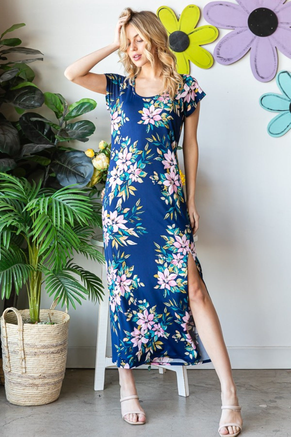 Heimish Full Size Floral Short Sleeve Slit Dress 5163 | Gulf Resellers