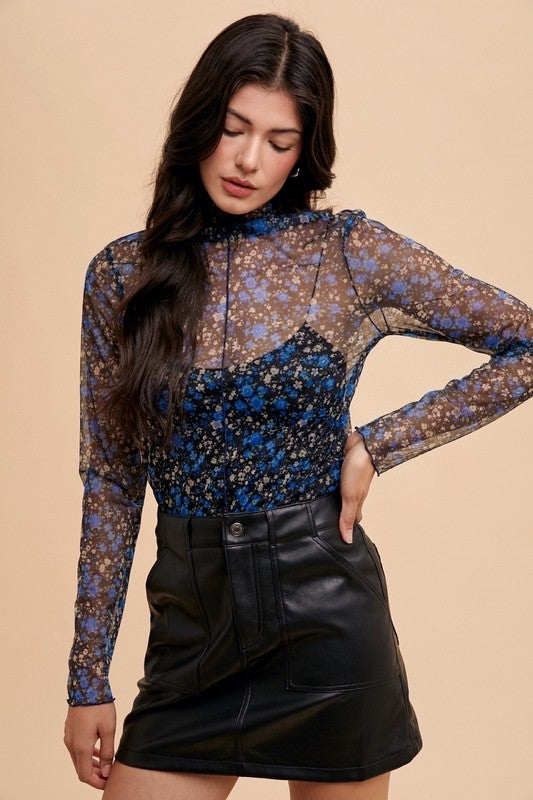 Annie Wear Floral Lettuce Hem Sheer Mesh Top 18755 | Gulf Resellers