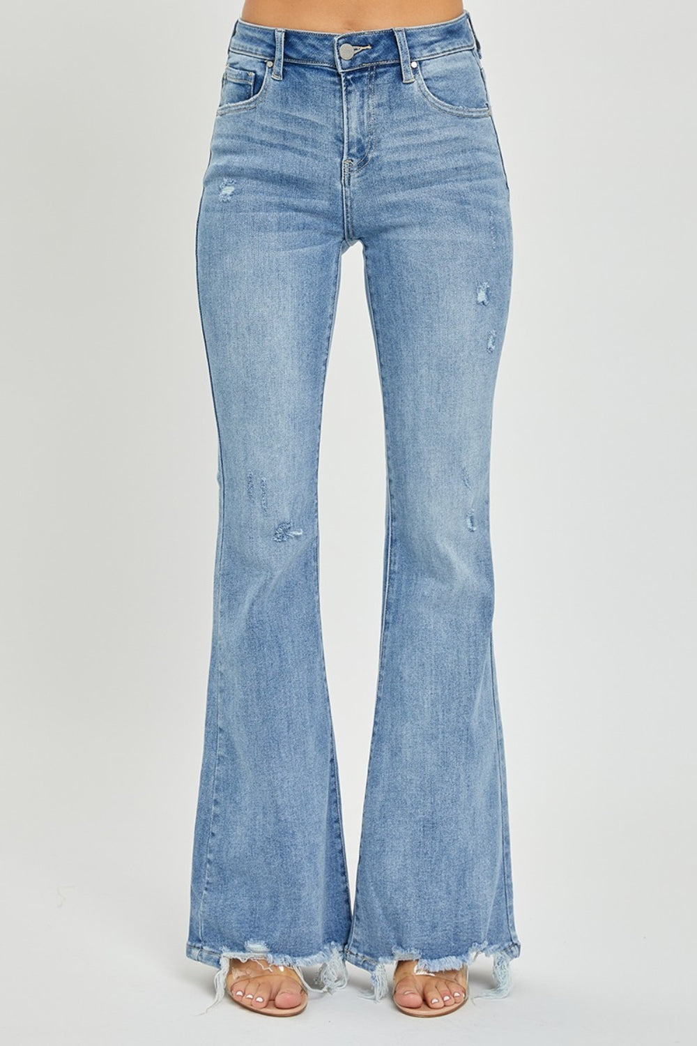 Risen Full Size High Rise Frayed Hem Flare Jeans 10658 | Gulf Resellers