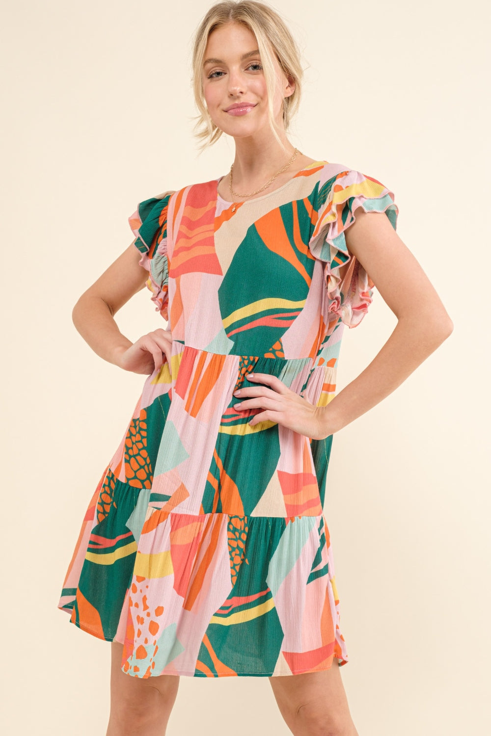 And The Why Printed Double Ruffle Sleeve Dress 5232 | Gulf Resellers