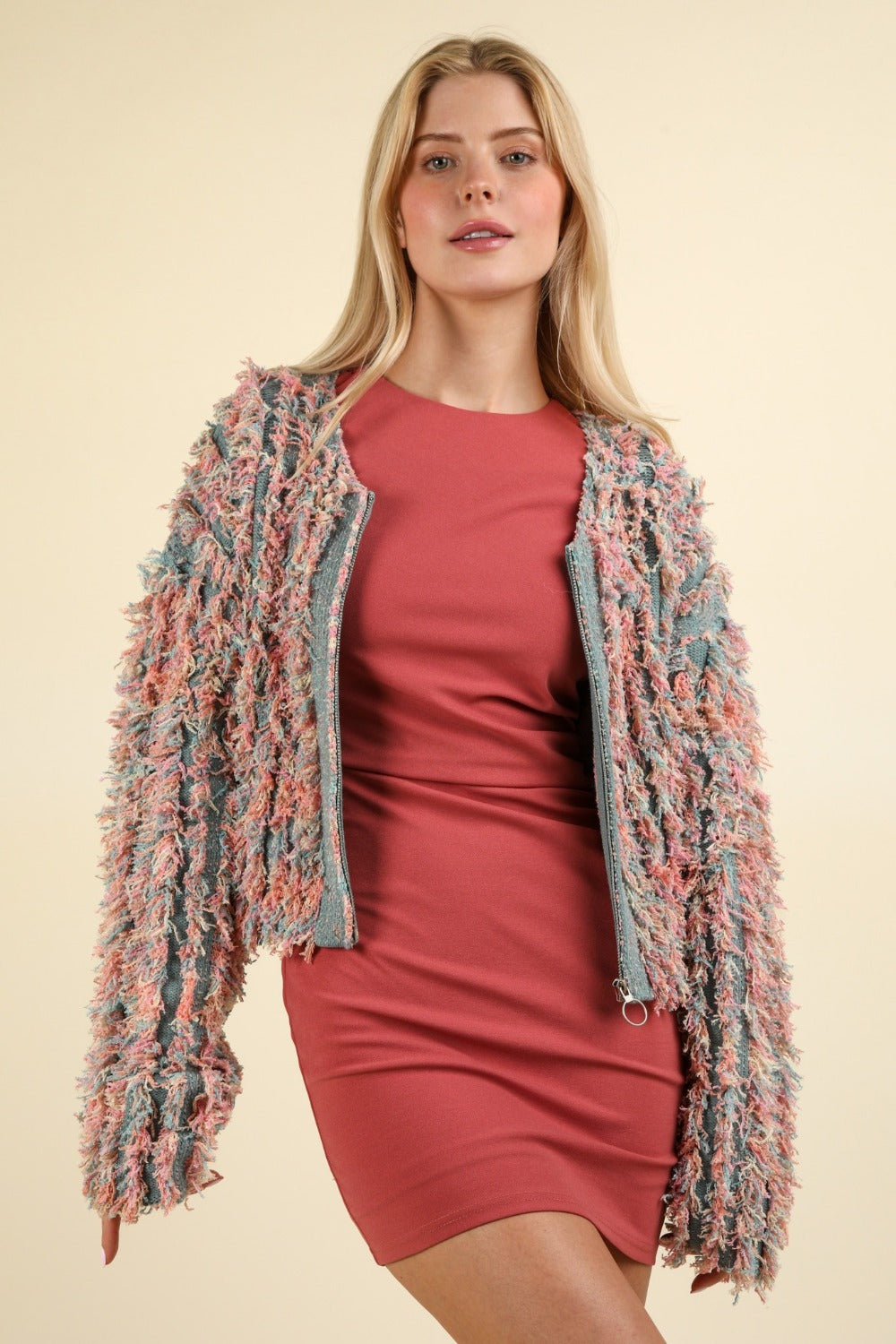 VERY J Shaggy Yarn Knit Zip Up Jacket 13601 | Gulf Resellers