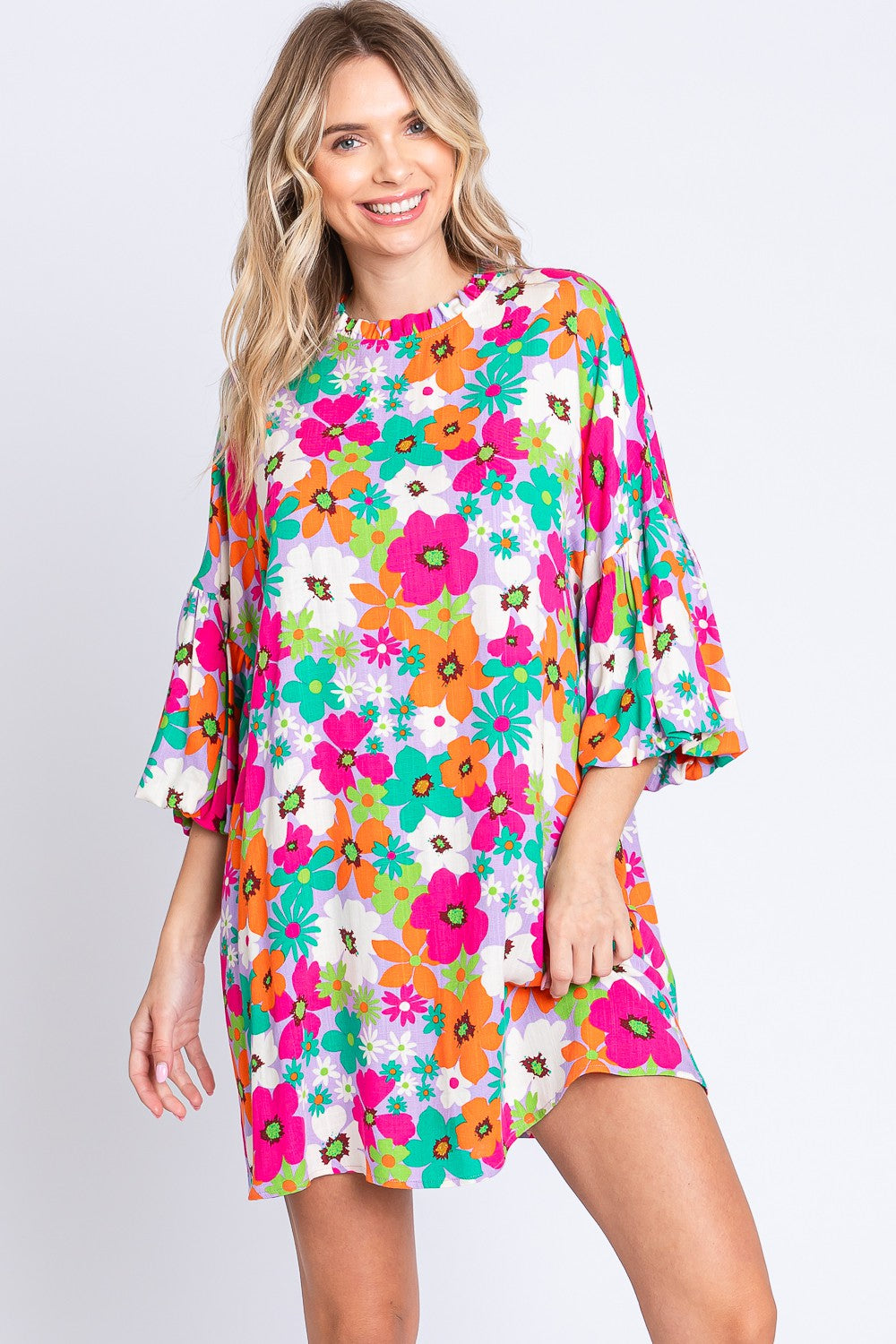 GeeGee Full Size Floral Round Neck Lantern Sleeve Mini Dress 5396 | Gulf Resellers