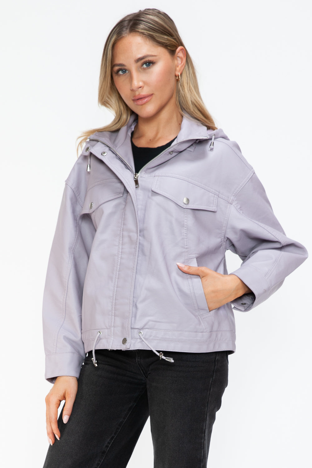 How Dare U Drawstring Hem PU Leather Zip Up Jacket 15440 | Gulf Resellers