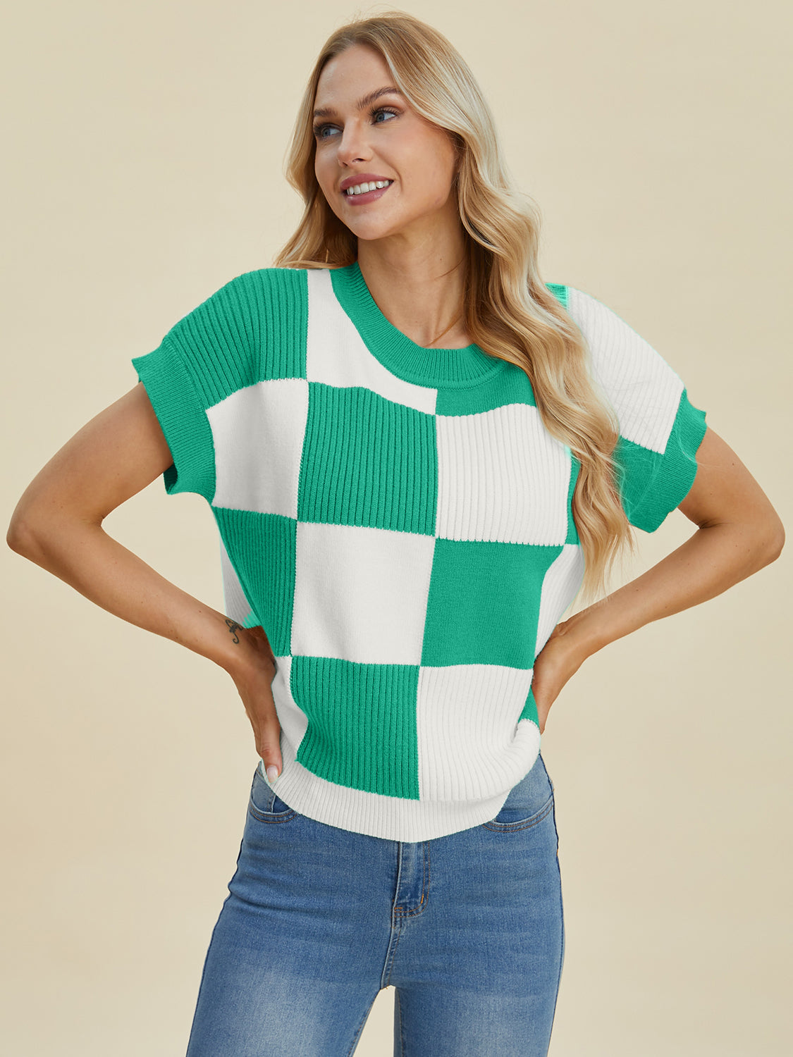 Double Take Full Size Checkered Round Neck Short Sleeve Sweater 8747 | Gulf Resellers