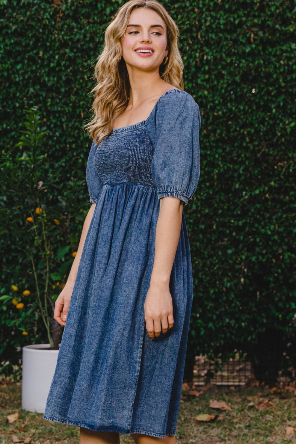 ODDI Full Size Washed Smocked Puff Sleeve Dress 5203 | Gulf Resellers