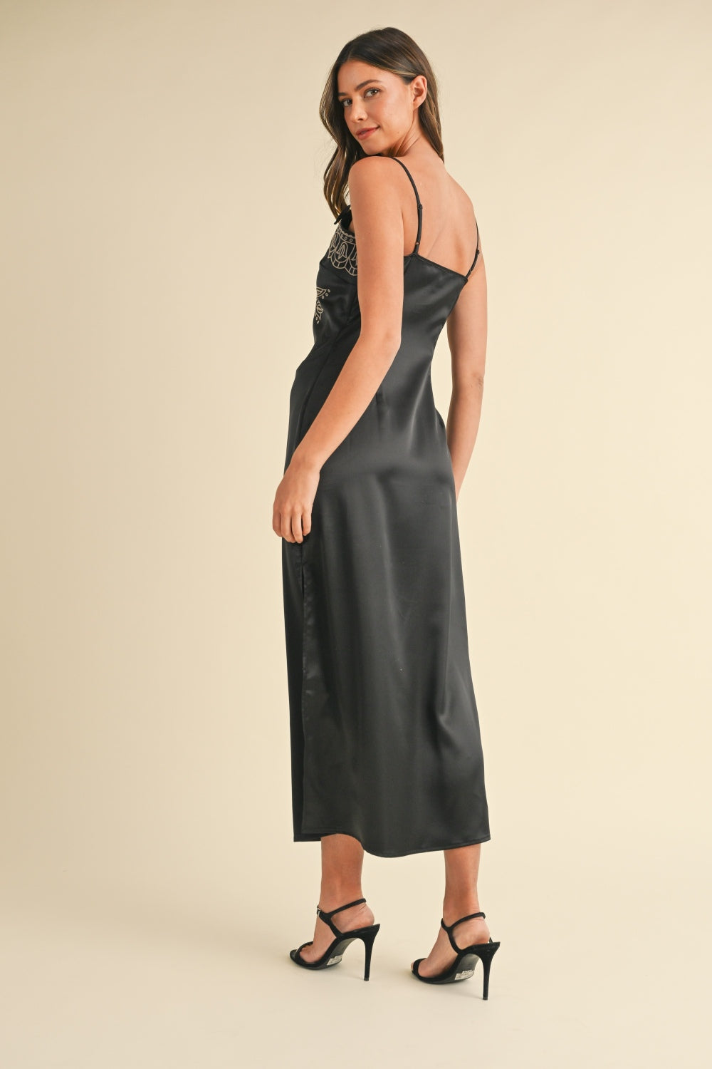 Mable Embroidered Cami Satin Midi Slit Dress 9392 | Gulf Resellers