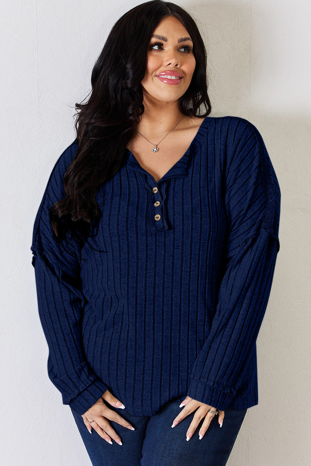 Basic Bae Full Size Ribbed Half Button Long Sleeve T-Shirt | Gulf Resellers