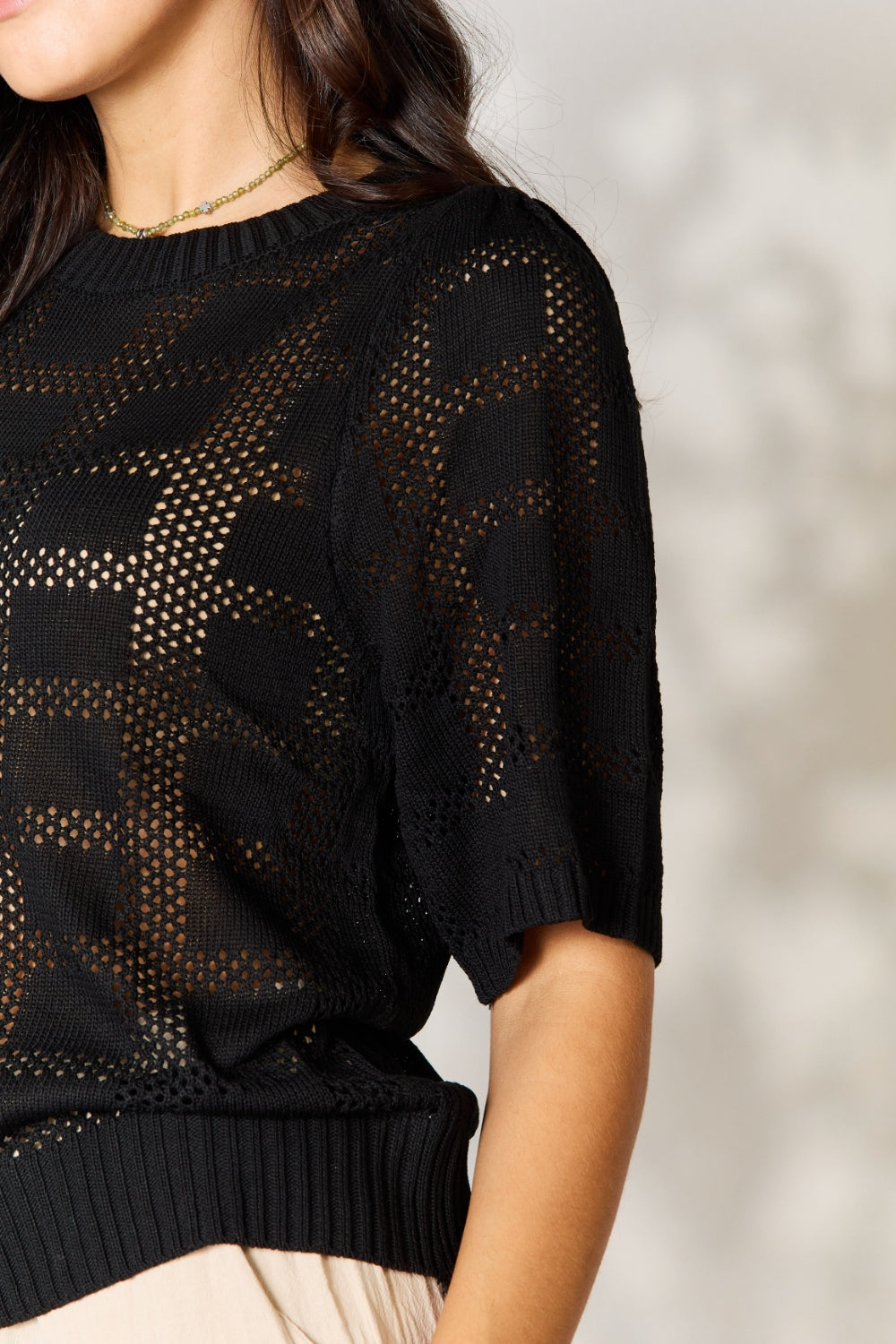 Double Take Ribbed Trim Round Neck Knit Top | Gulf Resellers