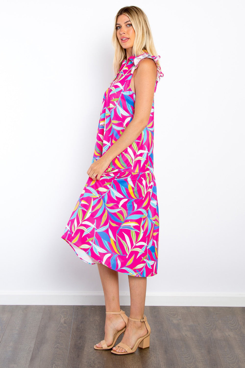 Be Stage Print Ruffled Midi Dress with Pockets 6714 | Gulf Resellers
