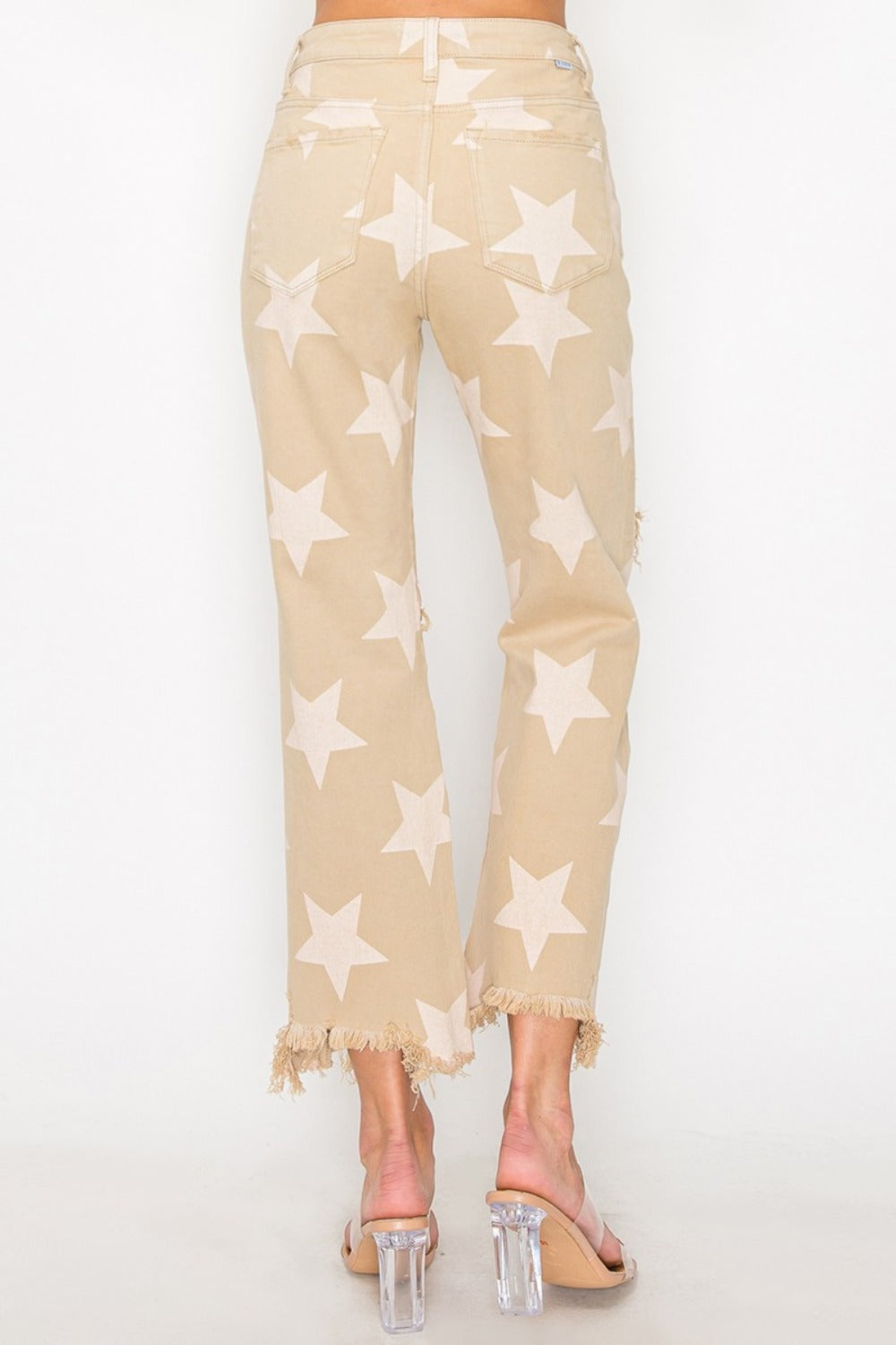RISEN Full Size High Rise Star Printed Frayed Hem Jeans 8588 | Gulf Resellers