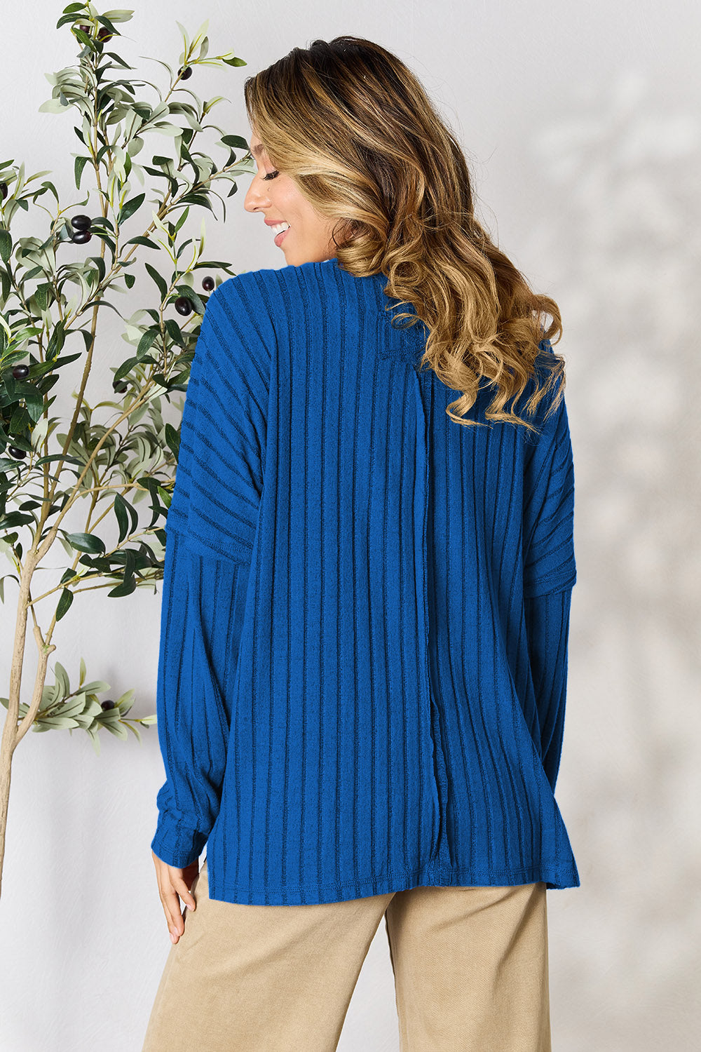 Basic Bae Full Size Ribbed Round Neck Slit Knit Top | Gulf Resellers