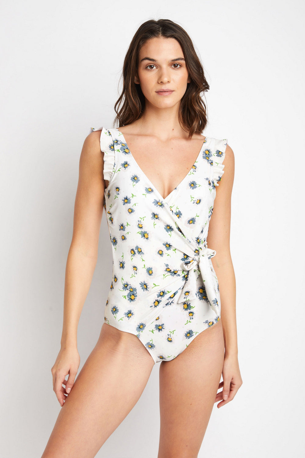Marina West Swim Float On Ruffle Faux Wrap One-Piece in Daisy Cream | Gulf Resellers