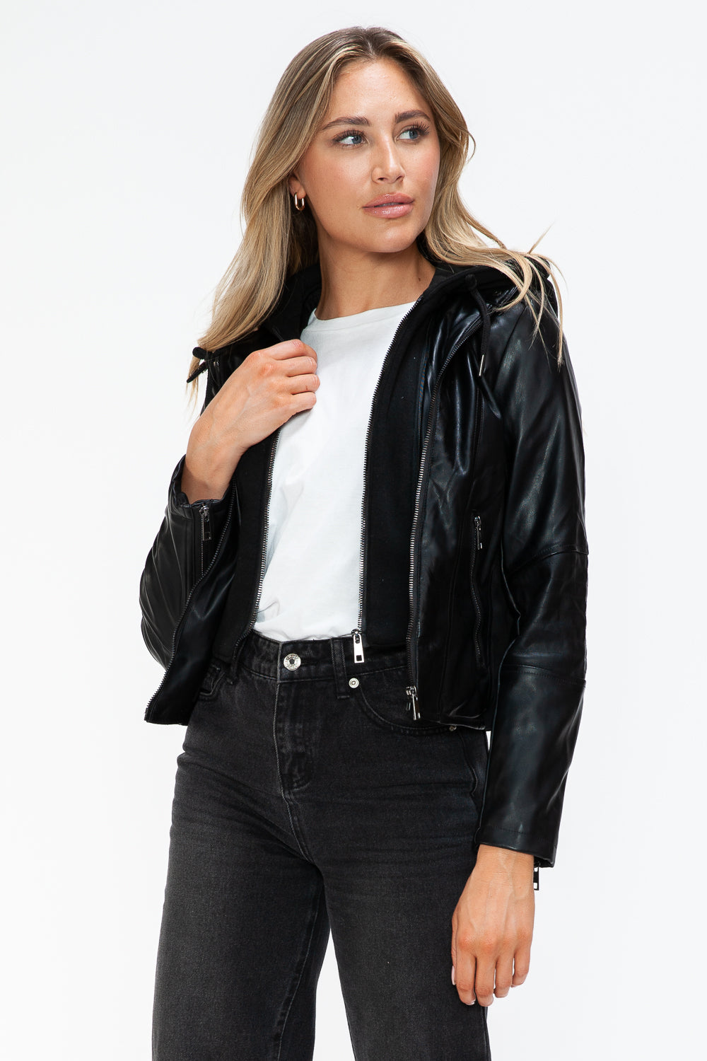 Snobbish Faux Leather Zip Up Drawstring Hooded Jacket 15925 | Gulf Resellers