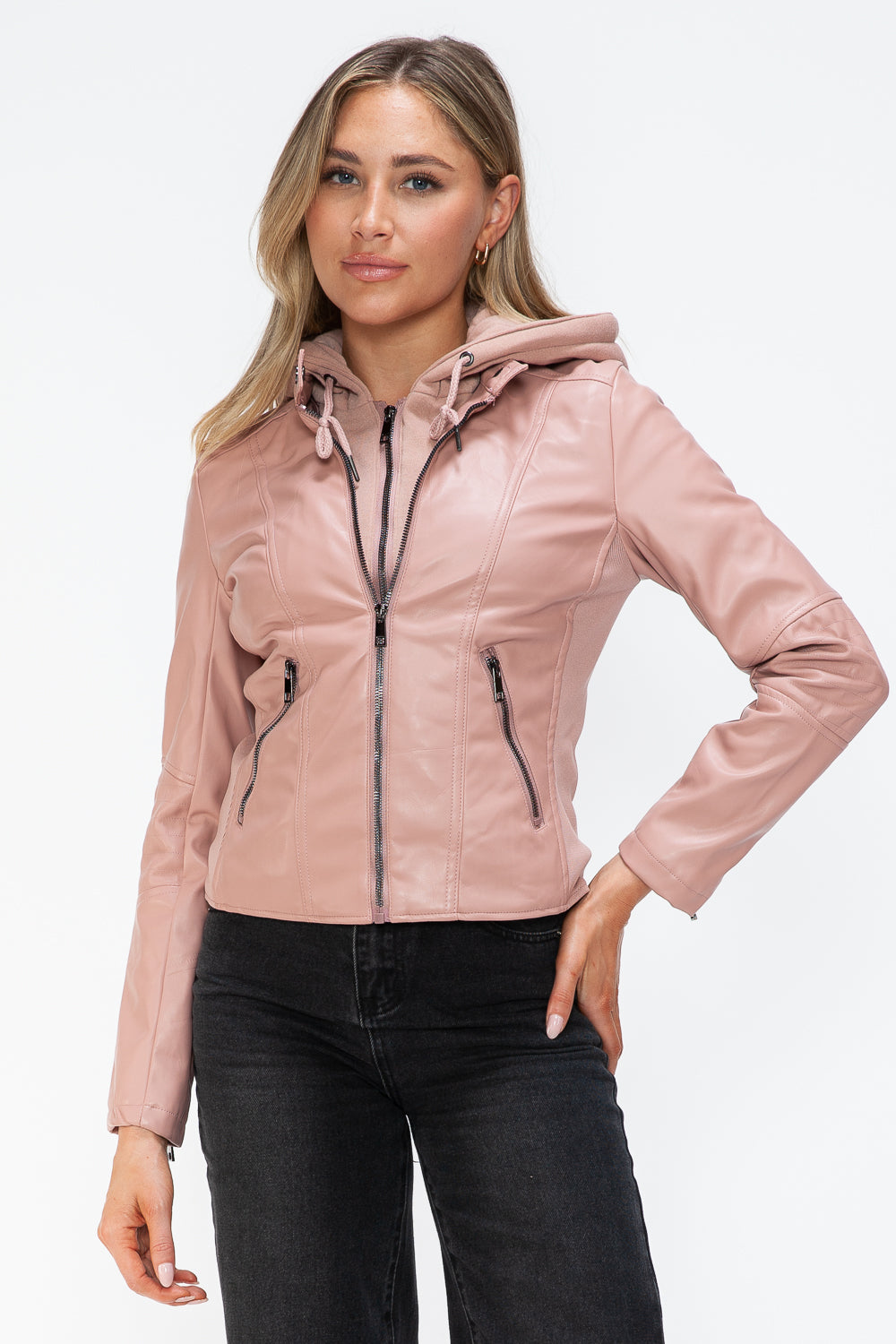 Snobbish Faux Leather Zip Up Drawstring Hooded Jacket 15179 | Gulf Resellers
