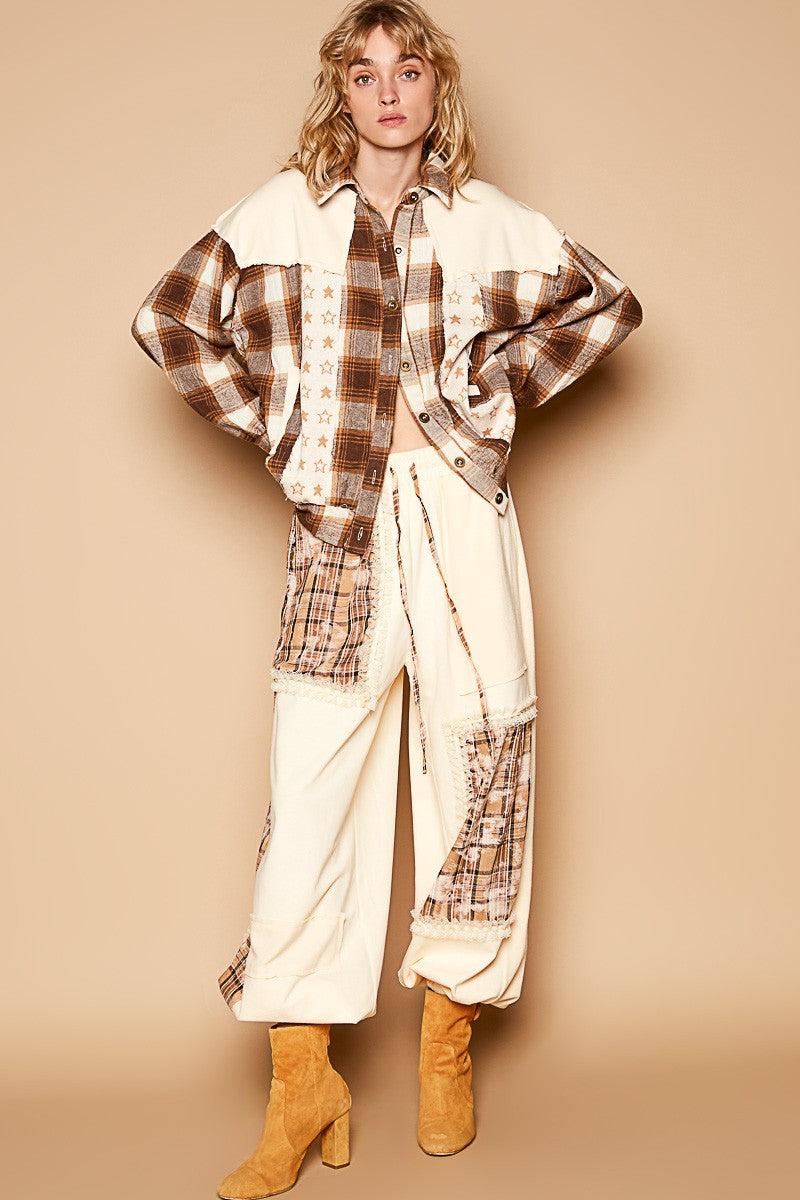 POL Plaid & Star Patchwork Contrast Long Sleeve Shacket 12319 | Gulf Resellers