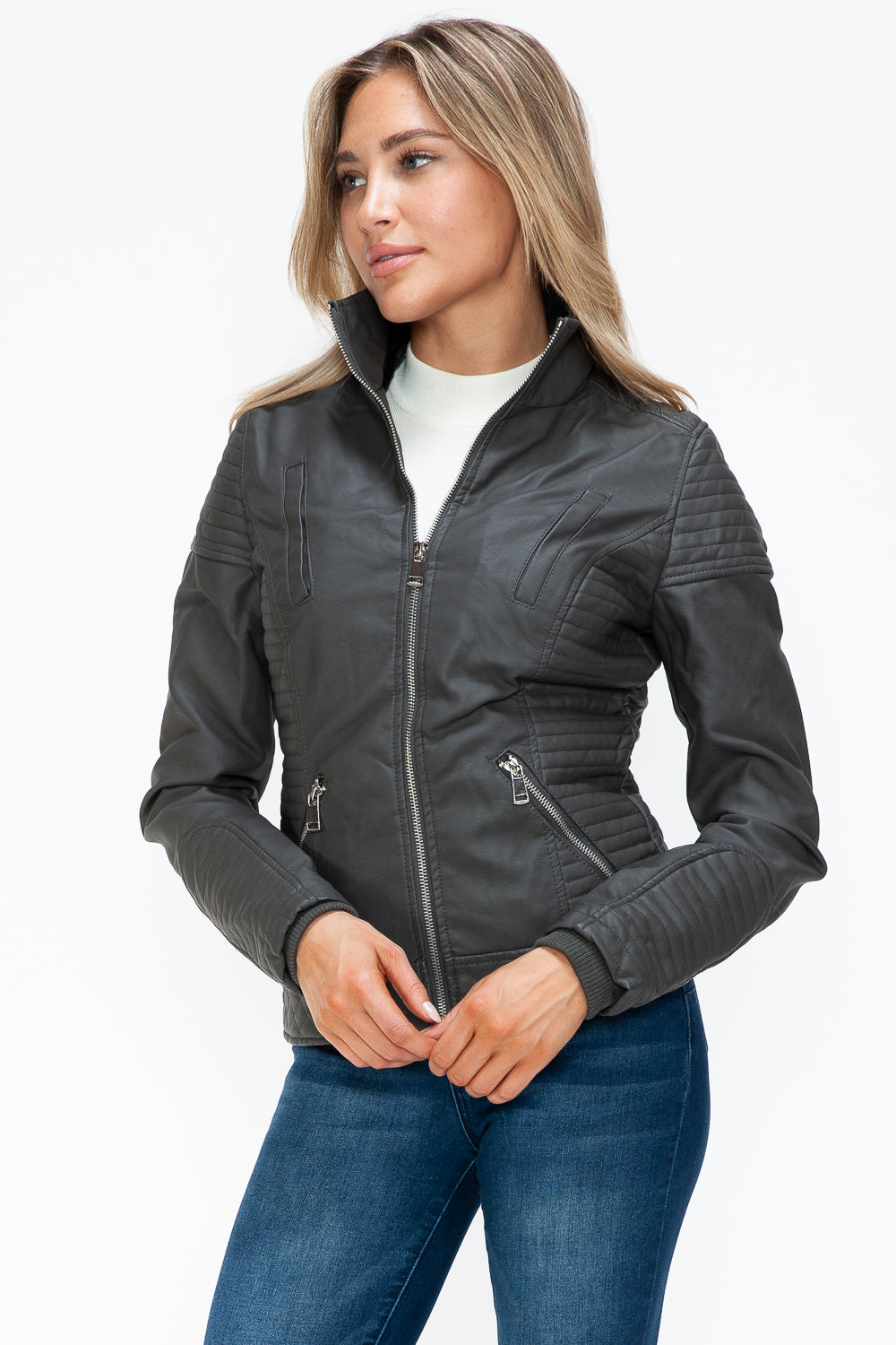 YMI Faux Layered Double-Zipper Jacket with Fuzzy Hood 15390 | Gulf Resellers