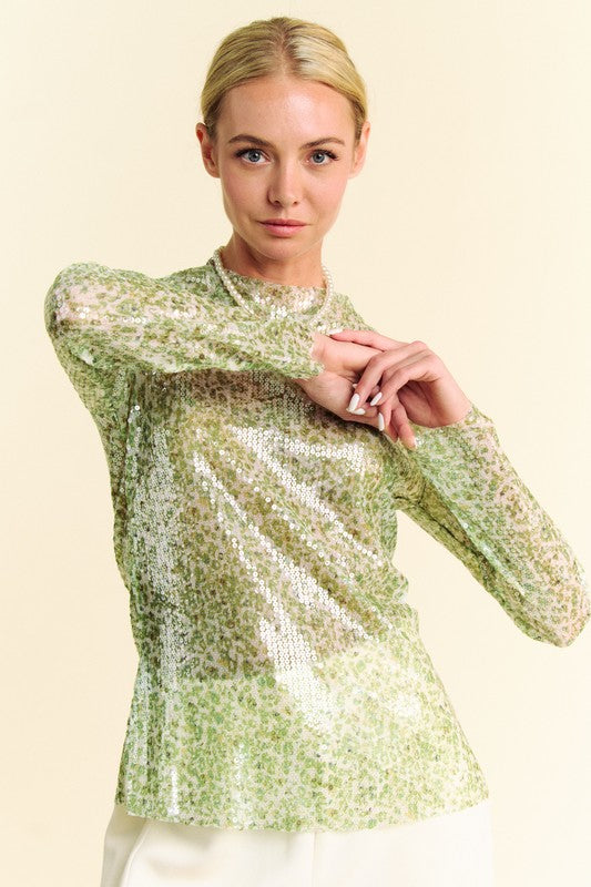 Davi & Dani Sequin Mock Neck Long Sleeve Mesh Top 18315 | Gulf Resellers