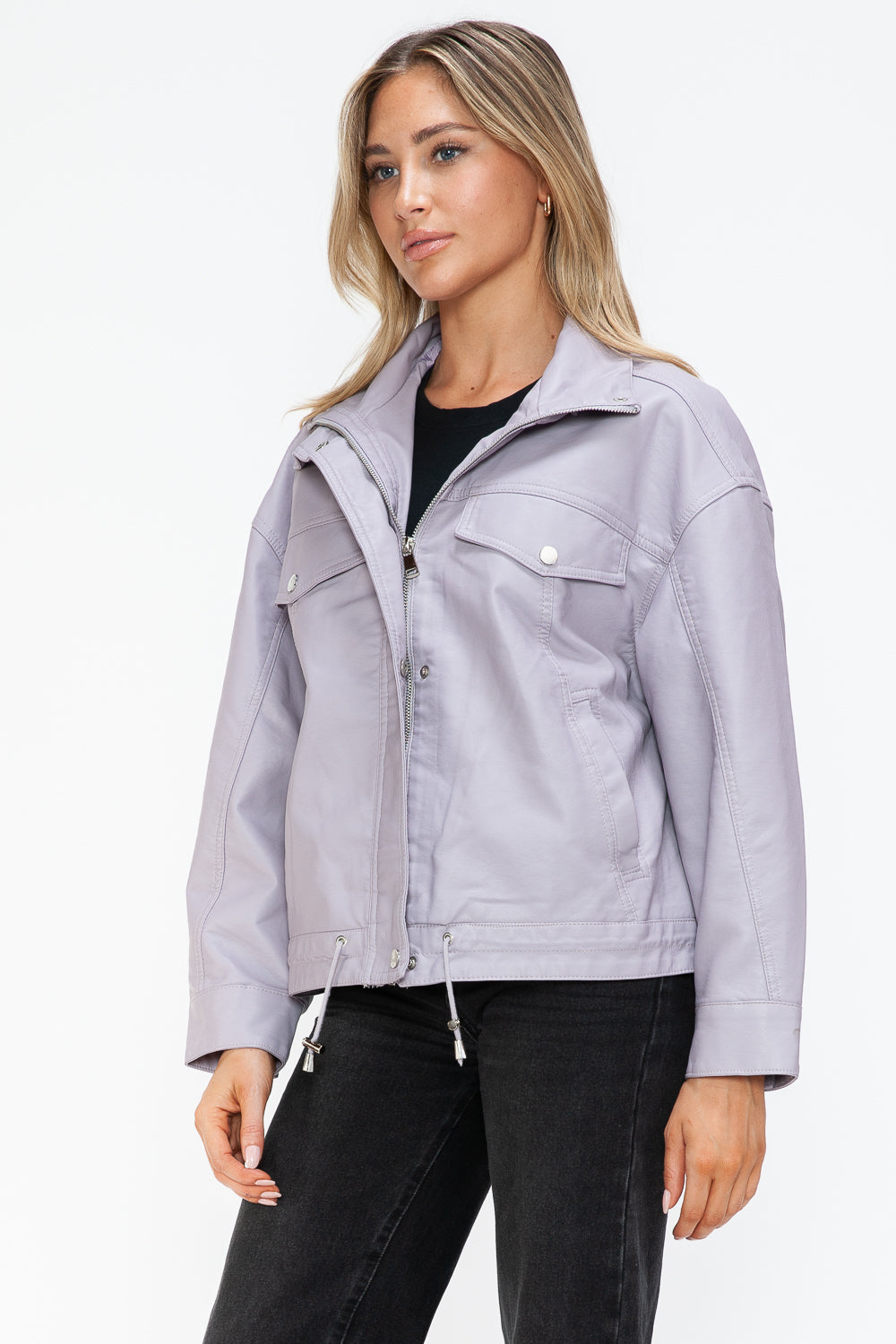 How Dare U Drawstring Hem PU Leather Zip Up Jacket 15446 | Gulf Resellers