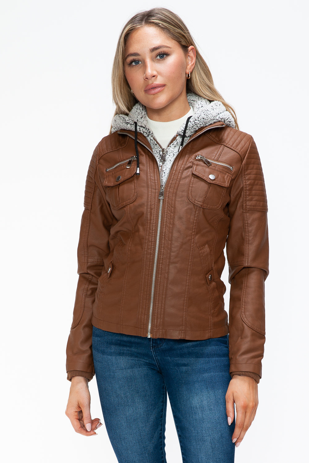 YMI Removable Faux Layered Multi-Pocket Jacket with Fuzzy Hood 15782 | Gulf Resellers