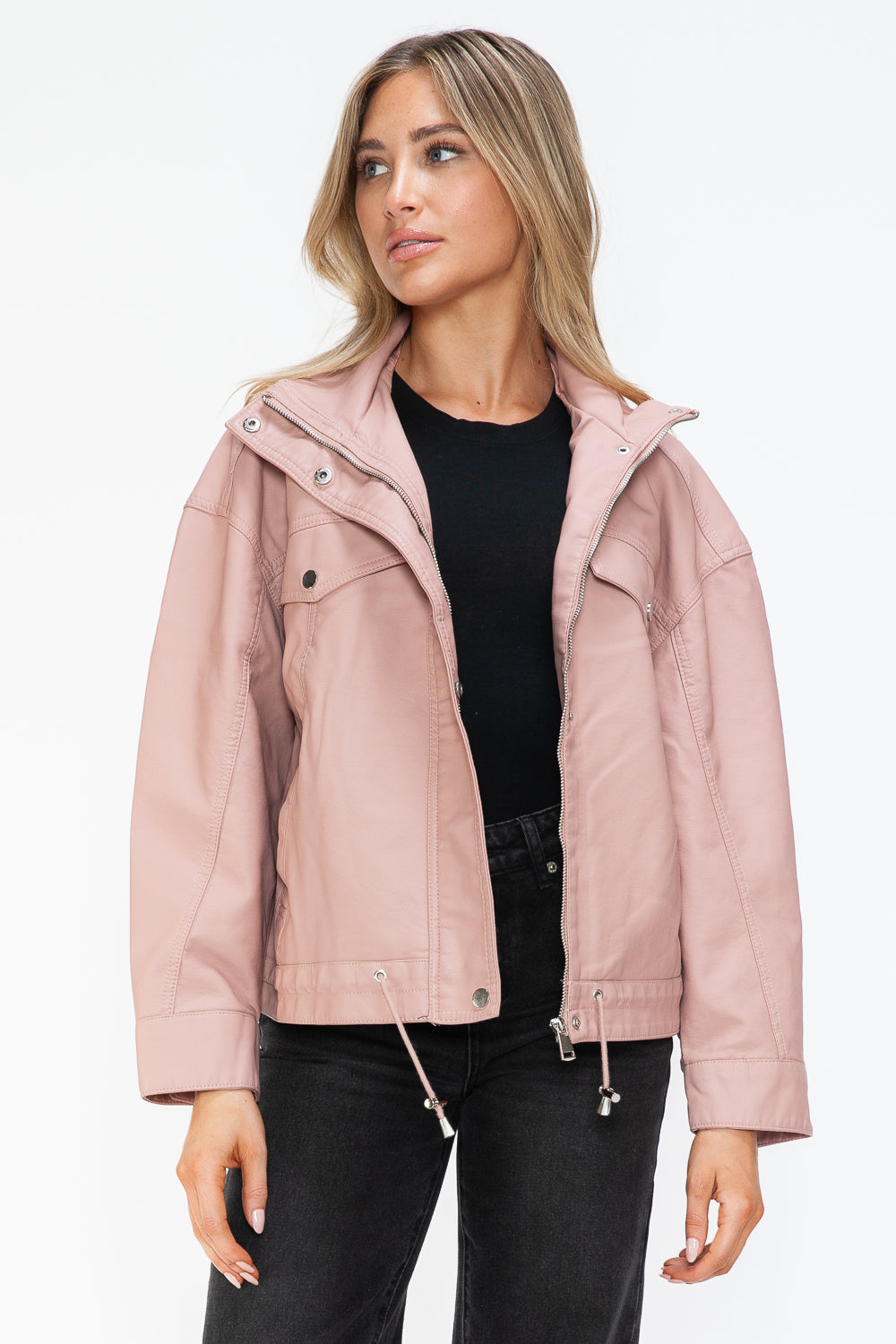 How Dare U Drawstring Hem PU Leather Zip Up Jacket 15552 | Gulf Resellers