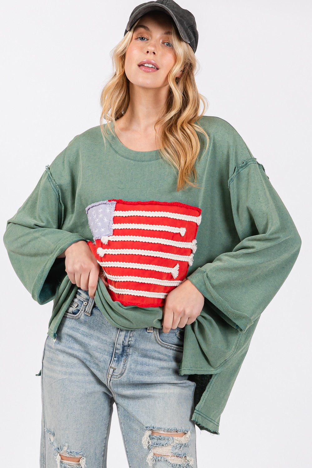 SAGE + FIG Full Size American Flag Patch Drop Shoulder T-Shirt 18553 | Gulf Resellers