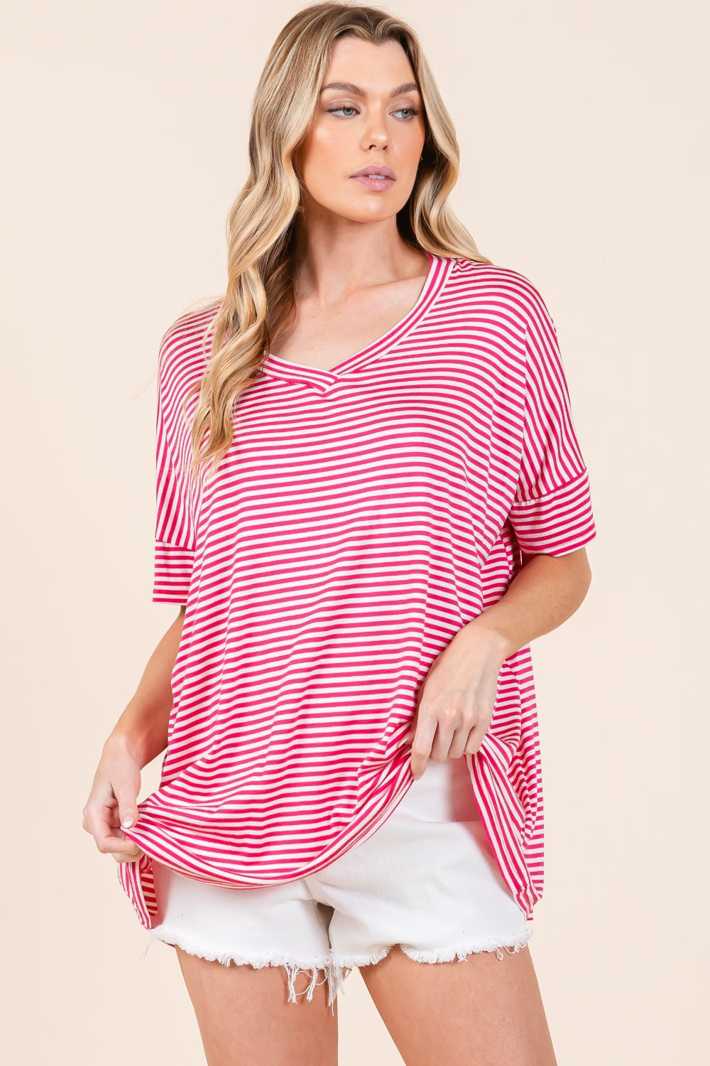 BOMBOM Striped V-Neck T-Shirt 7865 | Gulf Resellers