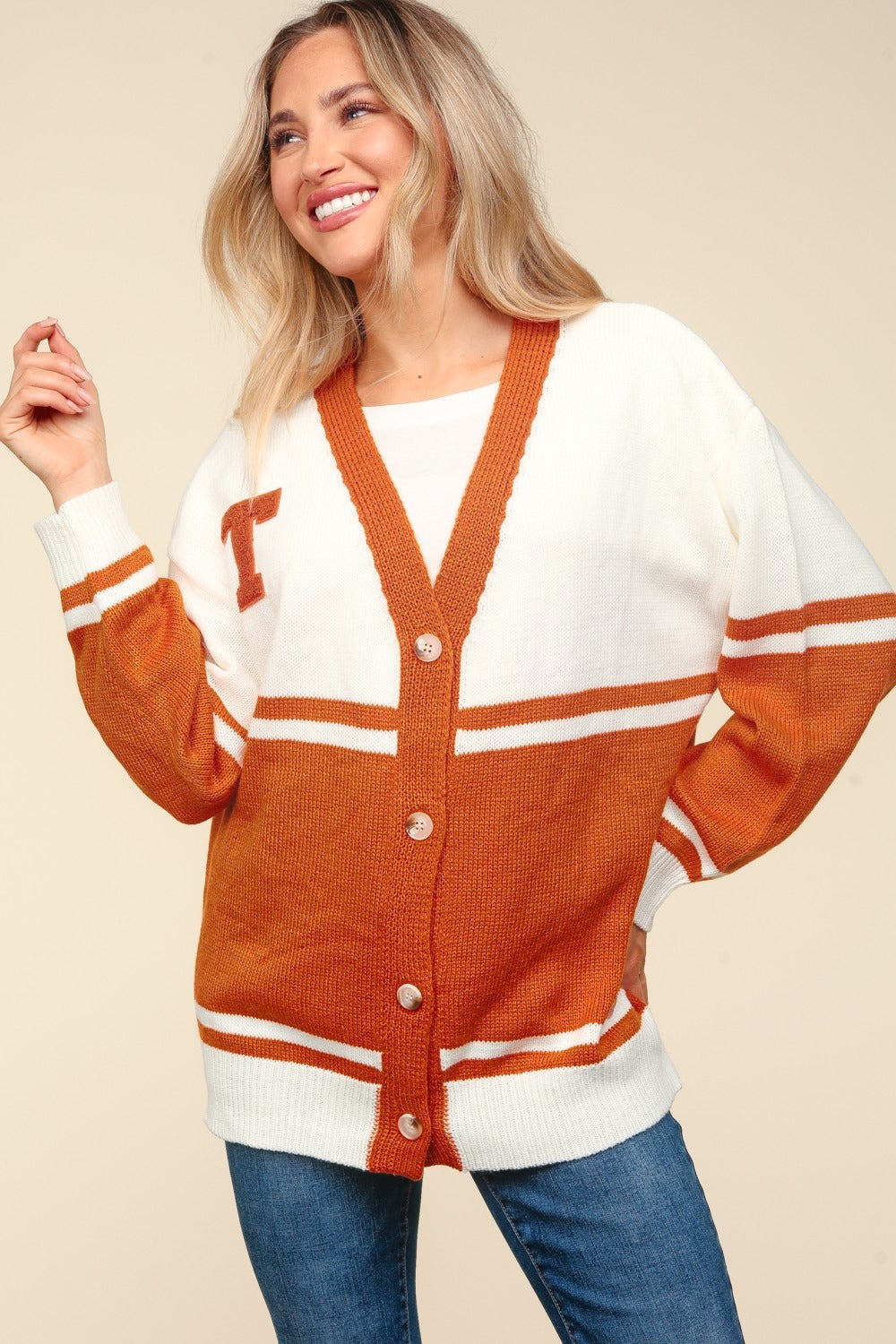 Haptics Full Size V Neck Button Down Letter Patch Cardigan 9983 | Gulf Resellers