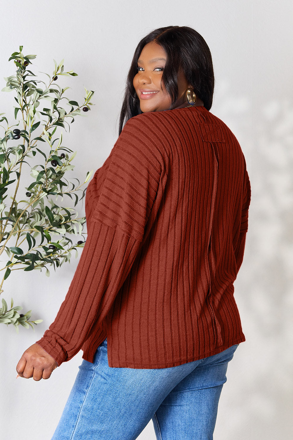 Basic Bae Full Size Ribbed Round Neck Slit Knit Top | Gulf Resellers