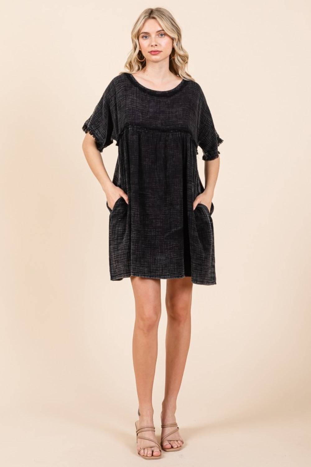 Culture Code Full Size Short Sleeve Babydoll Texture Dress with Pockets 9696 | Gulf Resellers