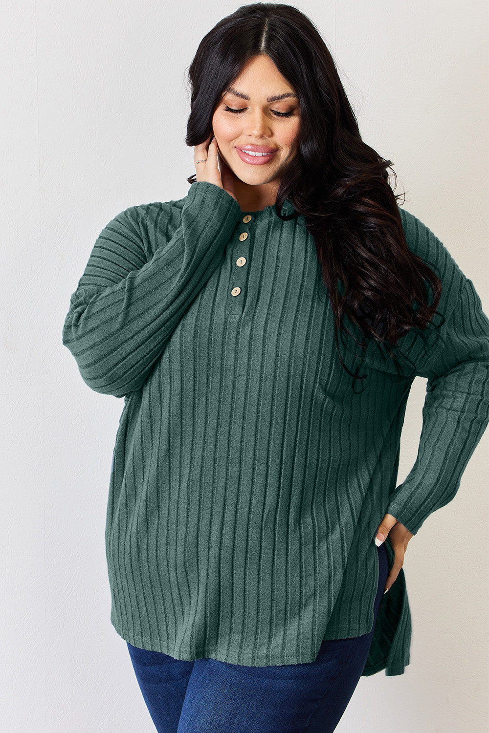 Basic Bae Full Size Ribbed Half Button Long Sleeve High-Low T-Shirt | Gulf Resellers