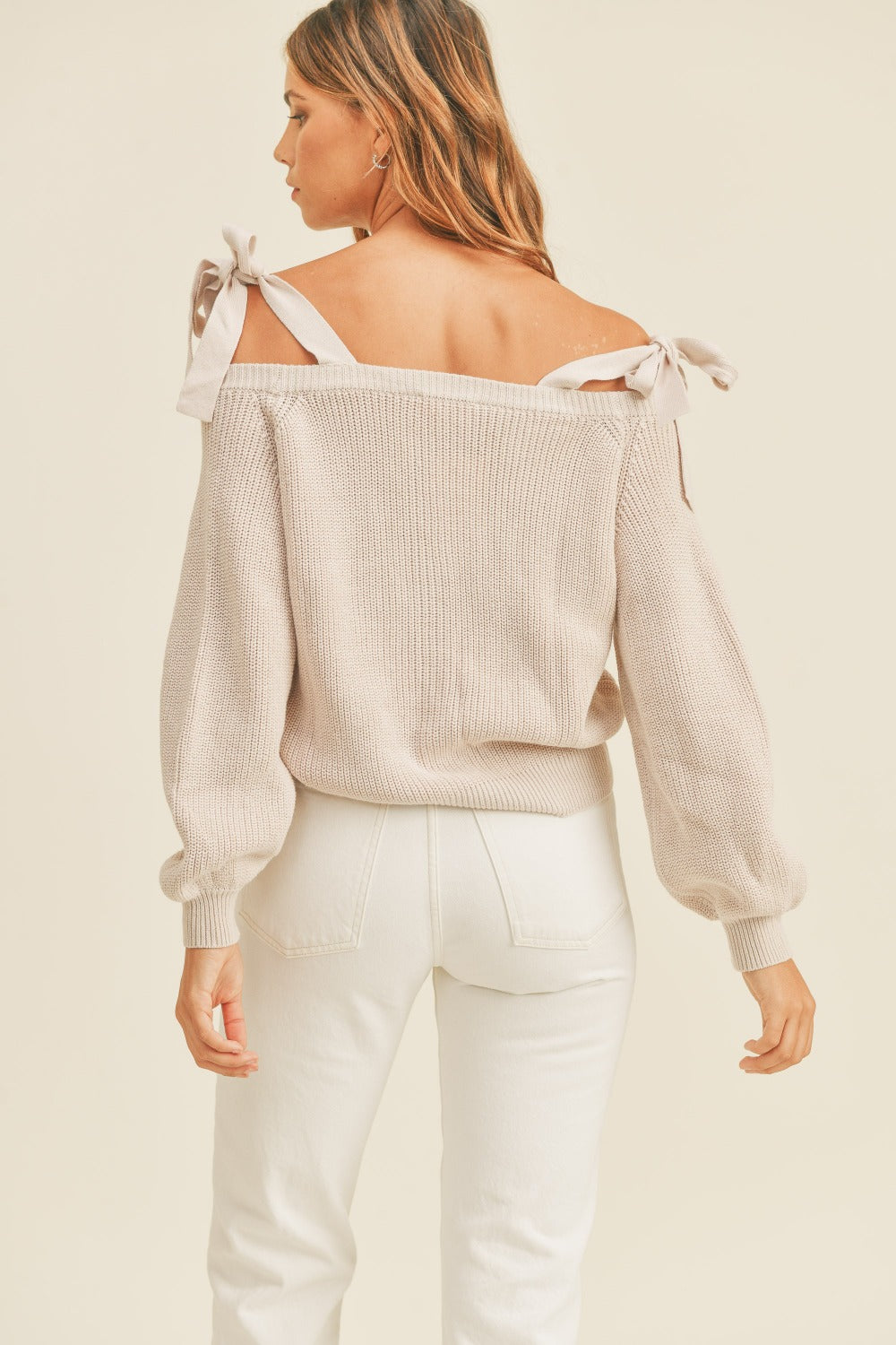 MABLE Off Shoulder Self Tie Strap Button Down Sweater 9161 | Gulf Resellers