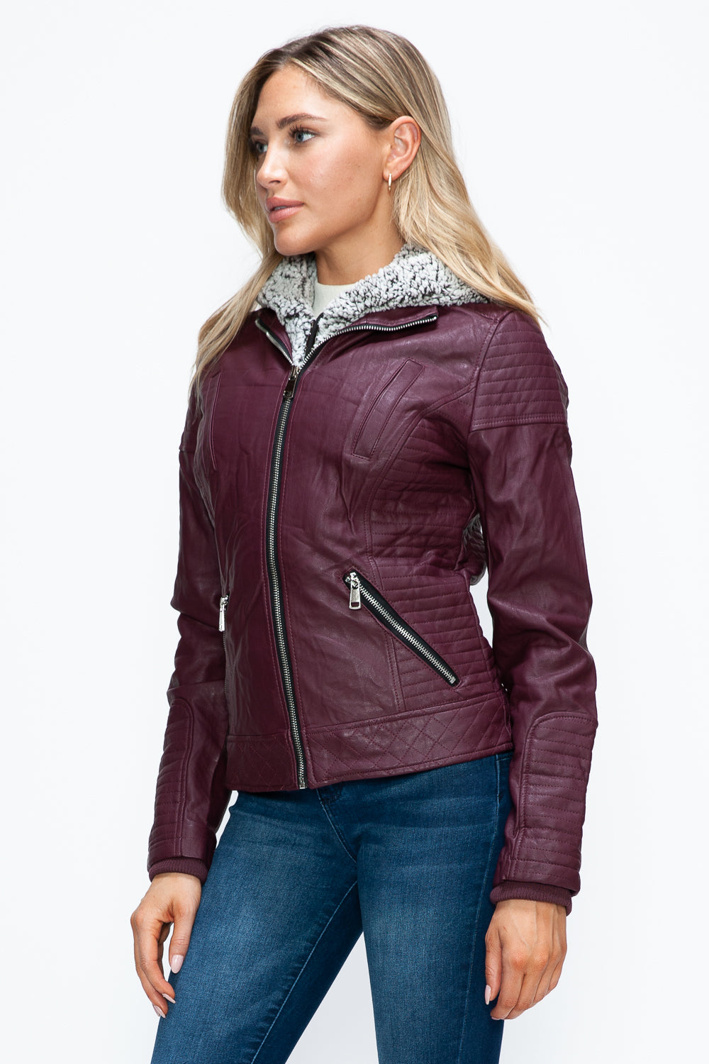 YMI Faux Layered Double-Zipper Jacket with Fuzzy Hood 15729 | Gulf Resellers