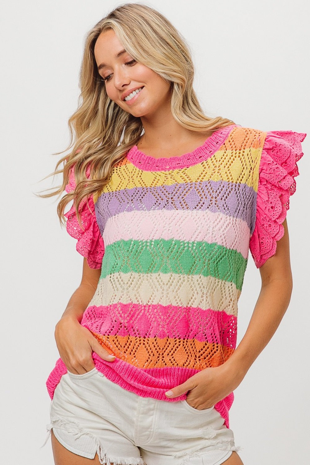 BiBi Pointelle Striped Ruffled Knit Top 8234 | Gulf Resellers