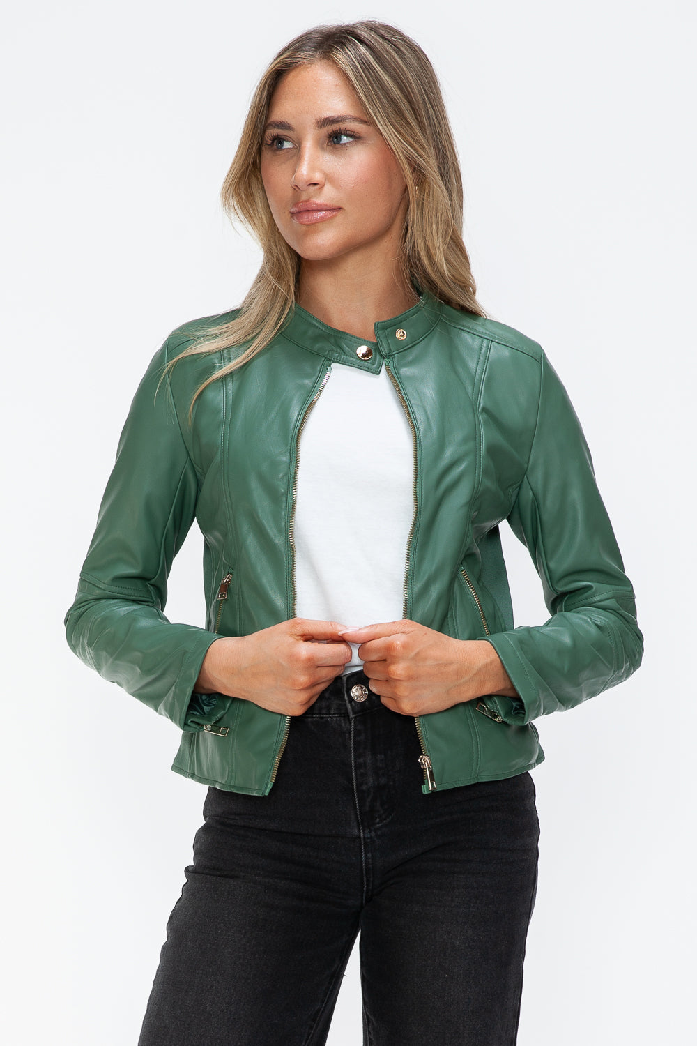 Snobbish Faux Leather Zip Up Drawstring Hooded Jacket 15852 | Gulf Resellers